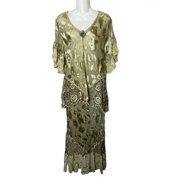 Vintage Spencer Alexis Silk Skirt Top Set Green Lace Velvet Burnout Size 12 - Picture 1 of 12